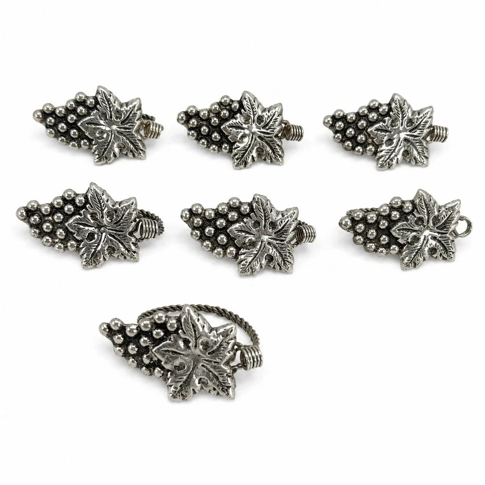 VTG Napkin Rings Grape Cluster Leaf Silver Set of 7 Rustic Table Decor Twisted